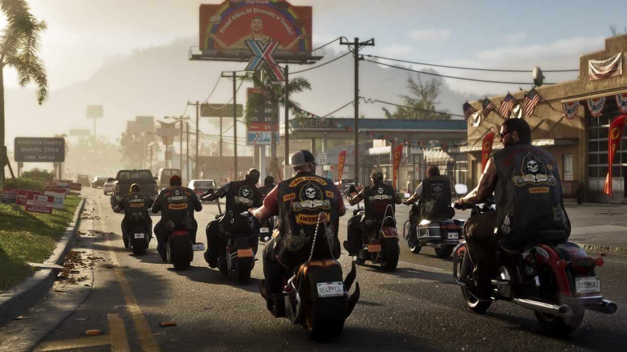 A motorcycle club riding down a small-town main street in Ambrosia.