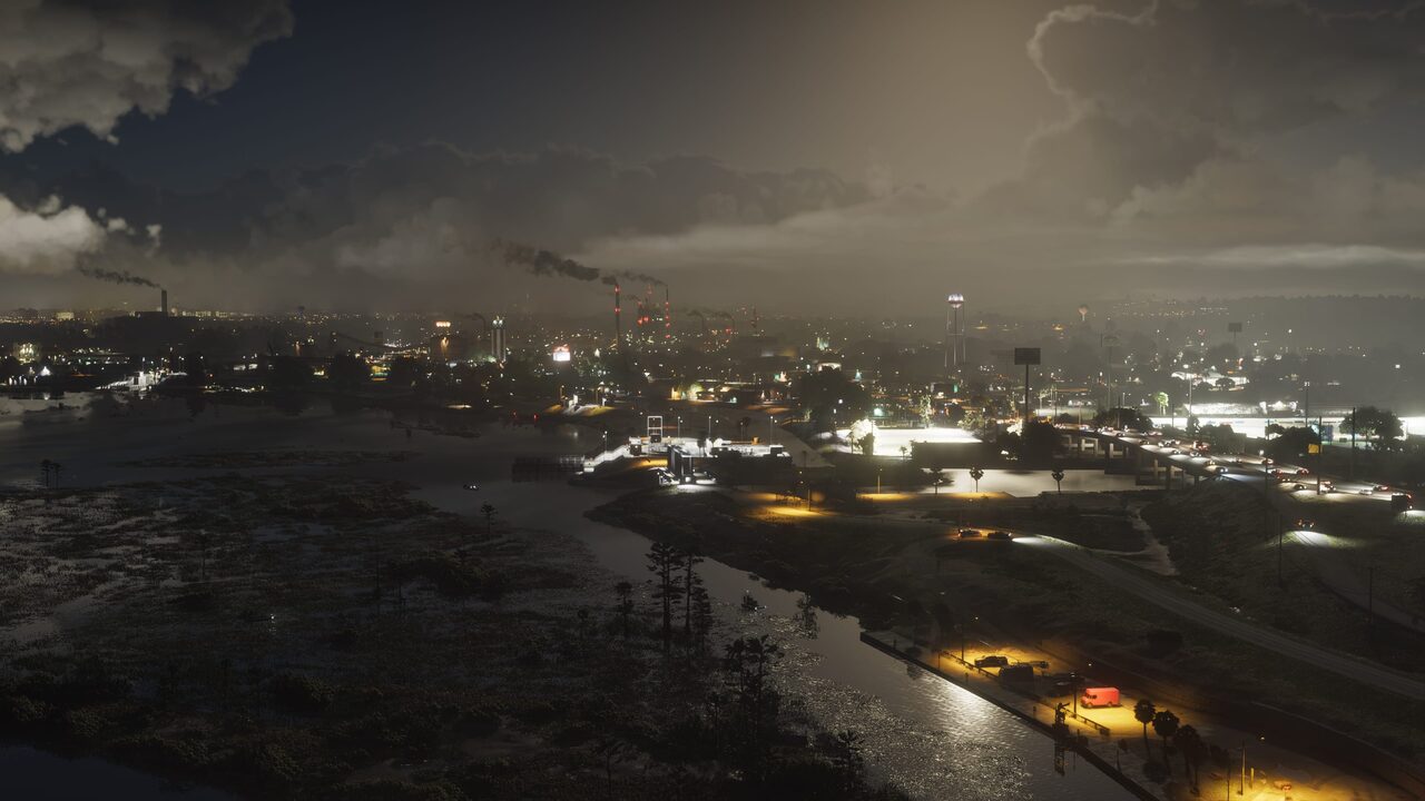 A night aerial over Ambrosia: lit refinery stacks and roadside signage on the far bank, a dark wetland and a channel of water in the foreground.