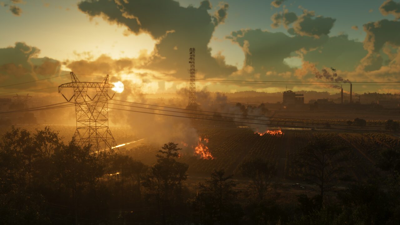 Sunset over Ambrosia farmland, rows of crops burning in the middle distance with transmission pylons overhead and a smoking industrial plant behind.
