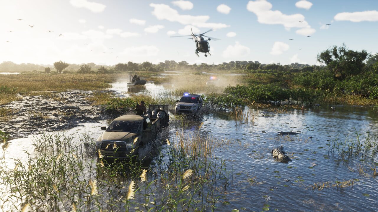 A pickup truck ploughing through shallow marsh water with a police cruiser, an airboat and a helicopter in pursuit, alligators scattering alongside.