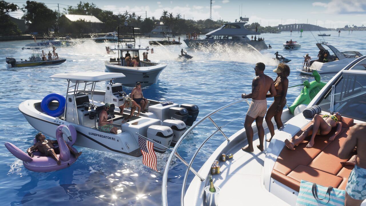 A raft-up of powerboats and a yacht on flat blue water, people sunbathing on the bows and floating on inflatable rings between the hulls.