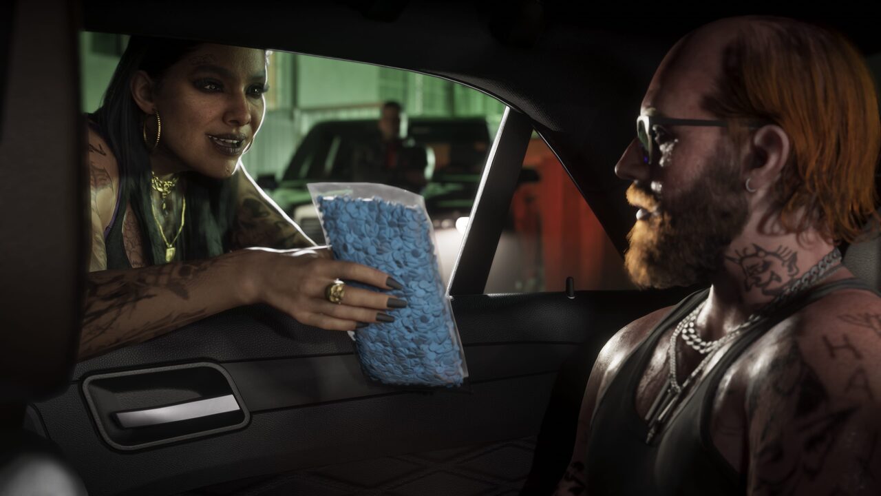 A woman leaning into a car window to hand a bagged brick of blue pills to the man sitting inside.