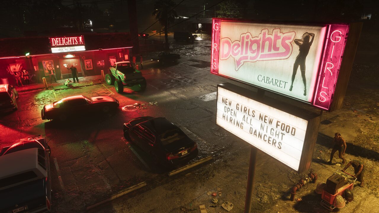 A wet night car park outside a club signed Delights Cabaret, its lit marquee reading NEW GIRLS NEW FOOD OPEN ALL NIGHT HIRING DANCERS.