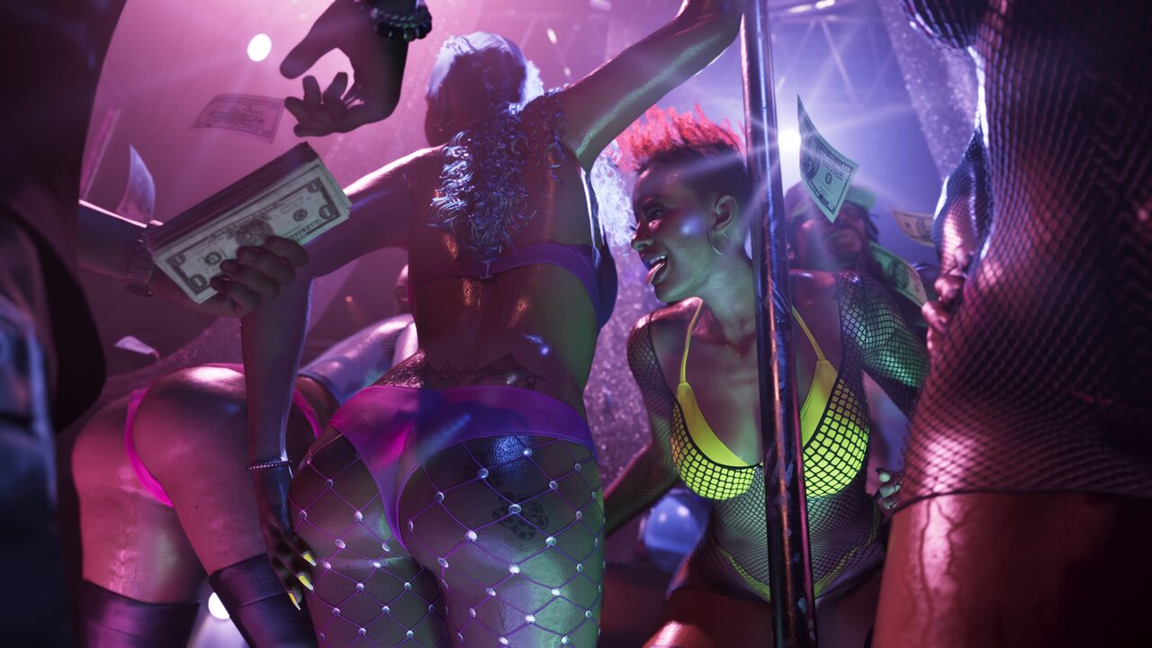 Dancers on a strip club floor under purple and green light, a hand fanning a thick stack of banknotes into the air.